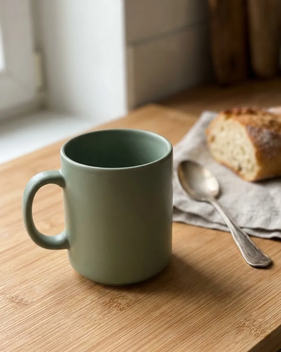 Sage green ceramic mug on a wooden board with a loaf of bread and a spoon blurred in the background