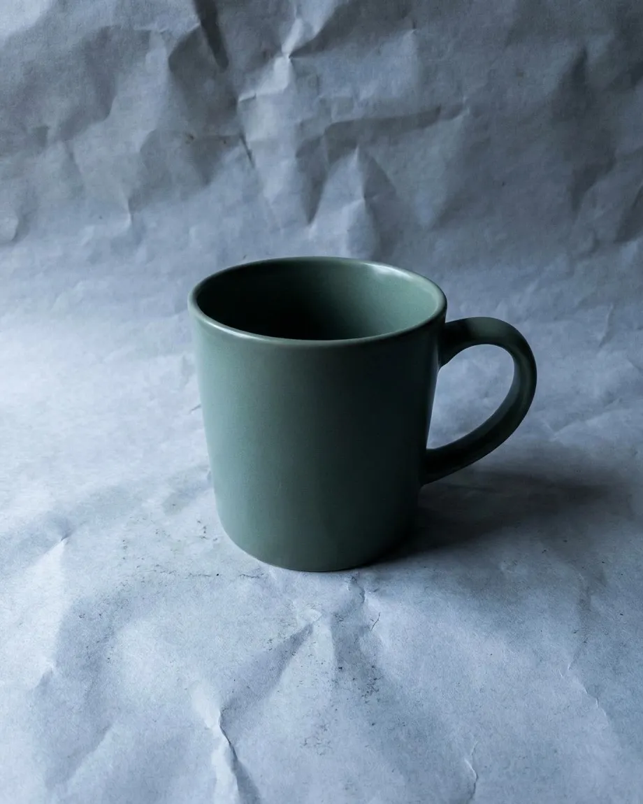 Sage green mug on a wrinkled gray paper backdrop that is dim and unevenly lit with a cool color cast